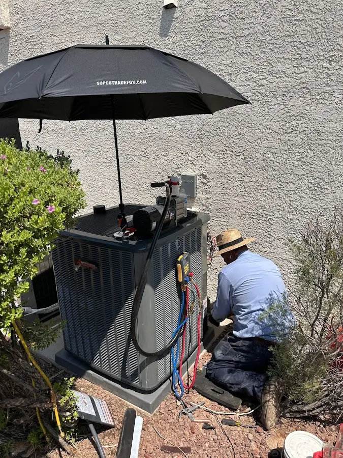 HVAC technician performing outdoor AC maintenance in Lake Arbor